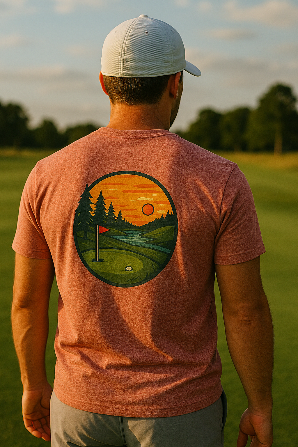 Sunset Artistic golf ball T-shirt design on display.