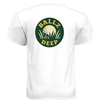 Go Ballz Deep. No Apologies. Mature Golf Humor Shirt – Soft Tri-Blend Tee back design from Clubbage