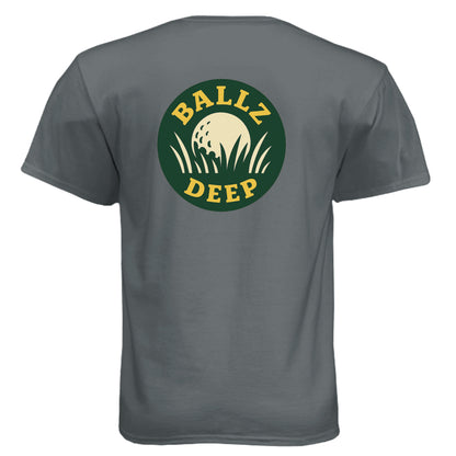Go Ballz Deep. No Apologies. Mature Golf Humor Shirt – Soft Tri-Blend Tee back design from Clubbage