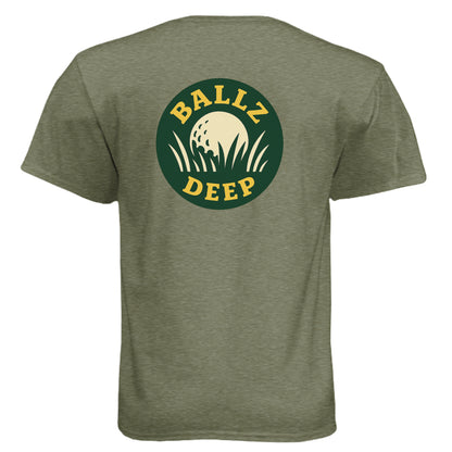 Go Ballz Deep. No Apologies. Mature Golf Humor Shirt – Soft Tri-Blend Tee back design from Clubbage