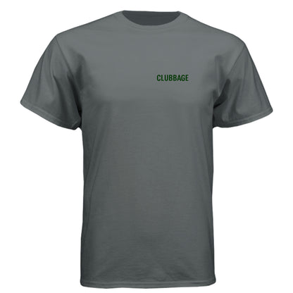 Go Ballz Deep. No Apologies. Mature Golf Humor Shirt – Soft Tri-Blend Tee front logo view from Clubbage