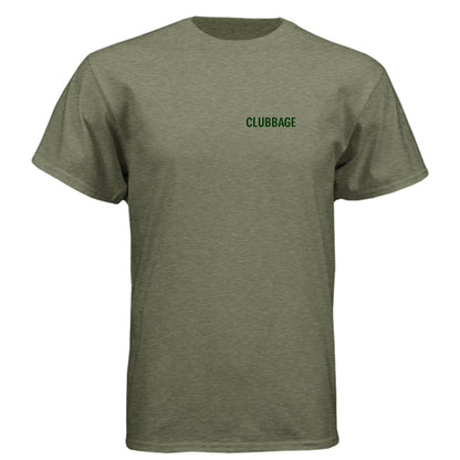 Go Ballz Deep. No Apologies. Mature Golf Humor Shirt – Soft Tri-Blend Tee front logo view from Clubbage