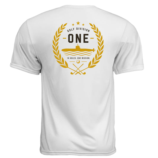 Navy One Mission Patriotic Golf Shirt – Moisture-Wicking Tee back design from Clubbage