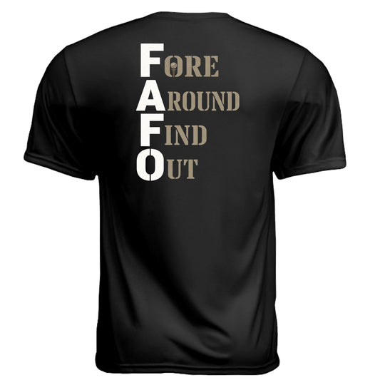Back: Black Fore Around Find Out FAFO Patriotic Golf Shirt – Moisture-Wicking Tee back design from Clubbage