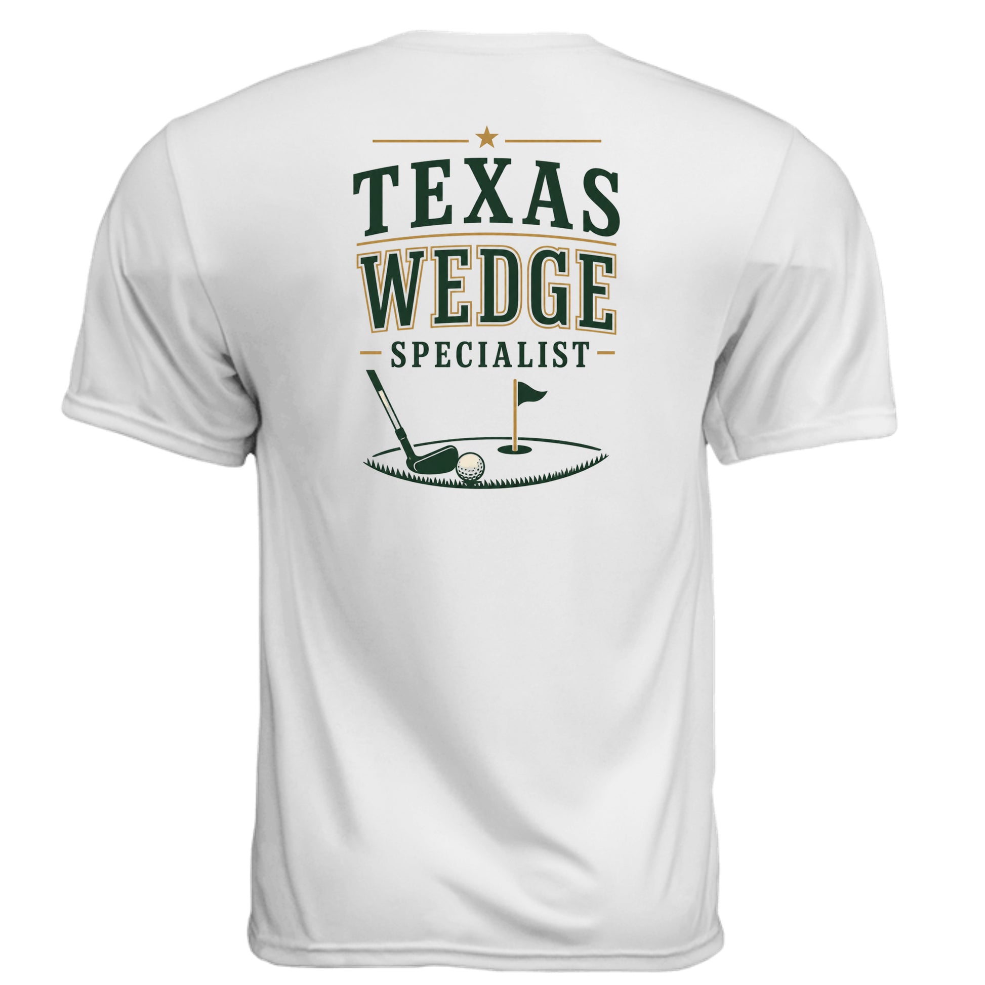 Texas Wedge Specialist funny golf shirt design with putter, golf ball, and flag