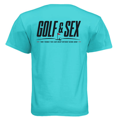 Golf & Sex Mature Golf Humor Shirt – Soft Tri-Blend Tee - Clubbage - Tahiti Blue Back