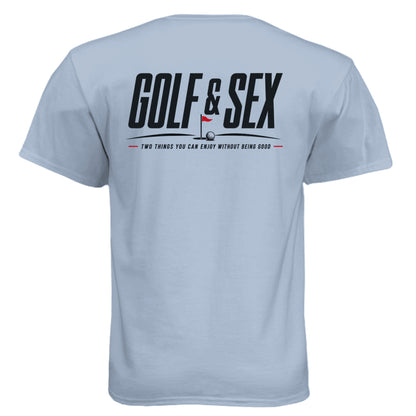 Golf & Sex Mature Golf Humor Shirt – Soft Tri-Blend Tee - Clubbage - Vintage Stonewash Denim Back