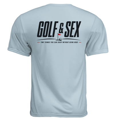 Golf & Sex Mature Golf Humor Shirt – Moisture-Wicking Tee - Clubbage - Pastel Blue Back