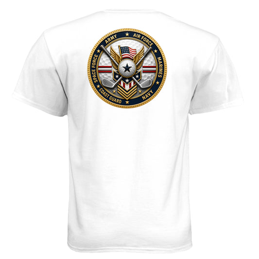 All Branches Military Coin Patriotic Golf Shirt – Soft Tri-Blend Tee - Clubbage - White Back