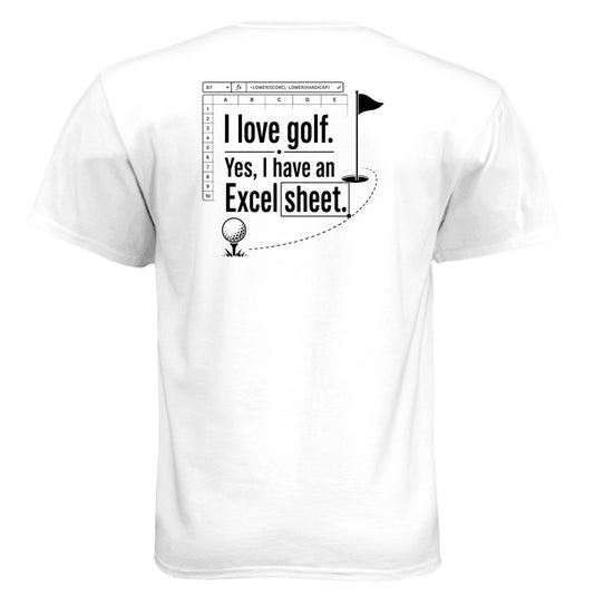 I Love Golf Spreadsheet Funny Golf Shirt – Soft Tri-Blend Tee - Clubbage - White Back